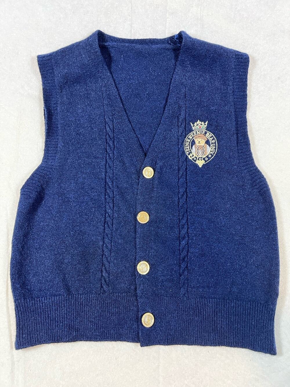 Teenie Weenie Bear Univ Knit Sweater Vest Navy Teddy Bear Crest Button Size L